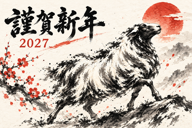 空を見上げる羊の年賀状