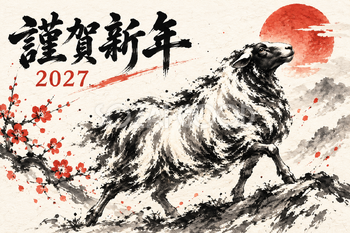 空を見上げる羊の墨絵年賀状｜2027未年のかっこいい無料イラスト素材 115107