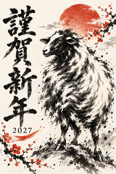 胸を張る羊の墨絵年賀状｜2027未年のかっこいい無料イラスト素材 115108