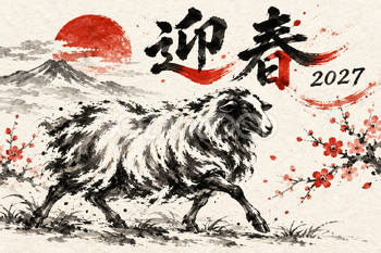一歩踏み出す羊の墨絵年賀状｜2027未年のかっこいい無料イラスト素材 115109
