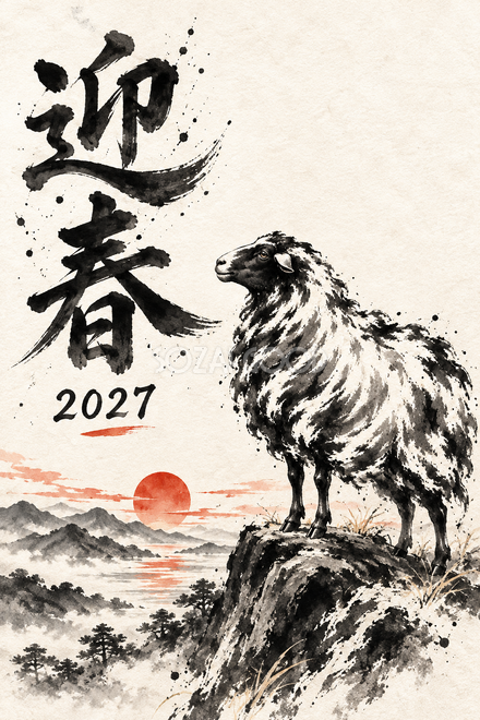 朝日を眺める羊の年賀状