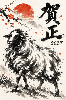 首をかしげる羊の墨絵年賀状｜2027未年のかっこいい無料イラスト素材 115115