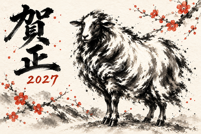 前足をそろえる羊の年賀状