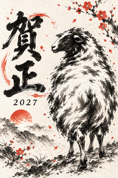 後ろを向く羊の墨絵年賀状｜2027未年のかっこいい無料イラスト素材 115119