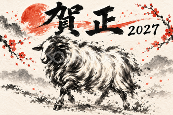前へ歩く羊の墨絵年賀状｜2027未年のかっこいい無料イラスト素材 115121