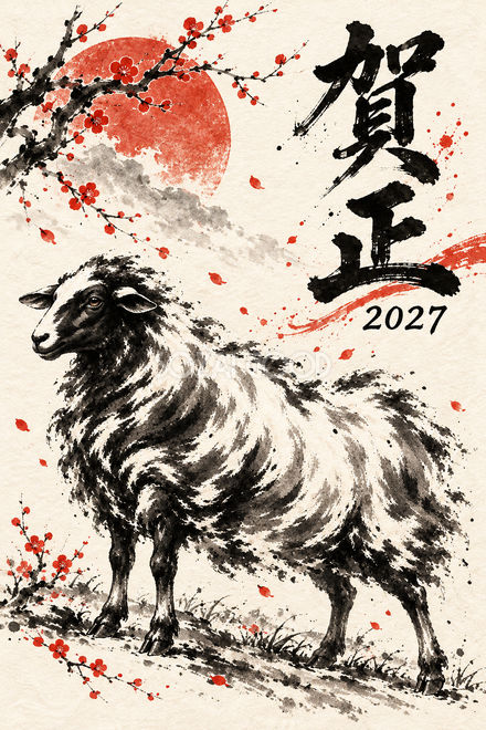 風に向かって立つ羊の年賀状