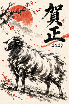 風に向かって立つ羊の墨絵年賀状｜2027未年のかっこいい無料イラスト素材 115123