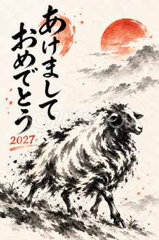 遠くを見る羊の墨絵年賀状｜2027未年のかっこいい無料イラスト素材 115127
