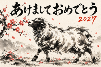 梅の香りをかぐ羊の墨絵年賀状｜2027未年のかっこいい無料イラスト素材 115129