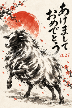 片足を浮かせる羊の墨絵年賀状｜2027未年のかっこいい無料イラスト素材 115131
