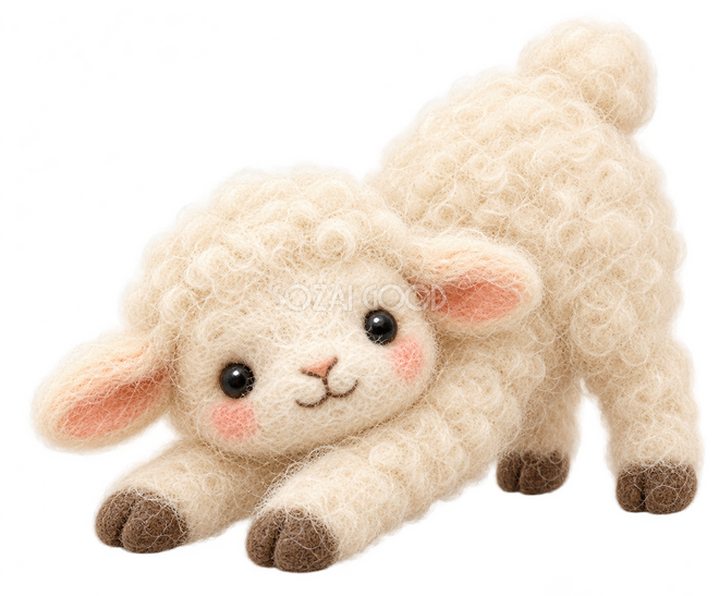 大きく伸びをする羊（羊毛フェルト）