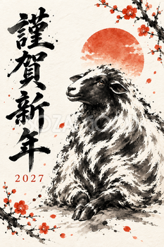 座って見上げる羊の墨絵年賀状｜2027未年のかっこいい無料イラスト素材 115146