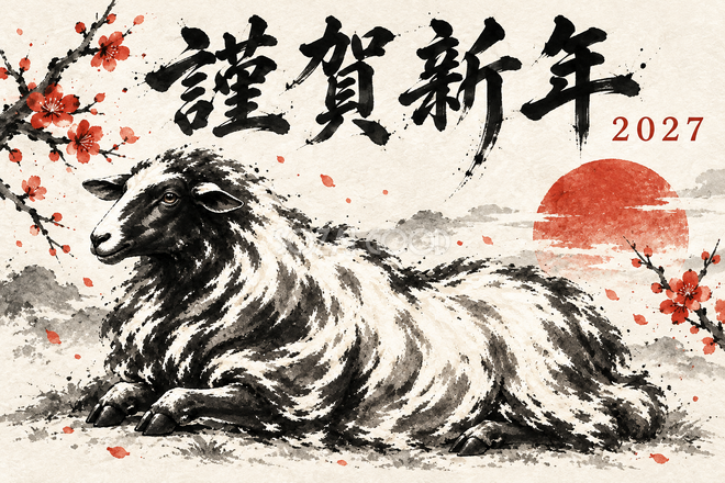 伏せて休む羊の年賀状