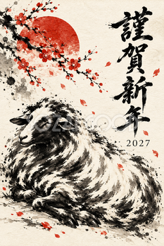 眠る羊の墨絵年賀状｜2027未年のかっこいい無料イラスト素材 115148