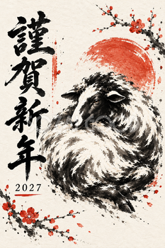 丸くなる羊の墨絵年賀状｜2027未年のかっこいい無料イラスト素材 115151