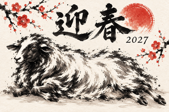 横になって休む羊の年賀状