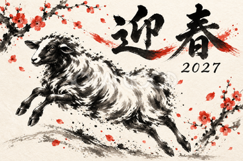 小さく跳ねる子羊の墨絵年賀状｜2027未年のかっこいい無料イラスト素材 115158