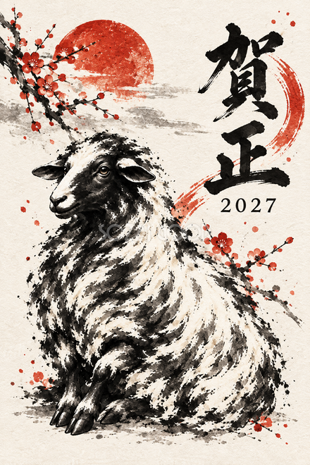 おすわりする子羊の年賀状