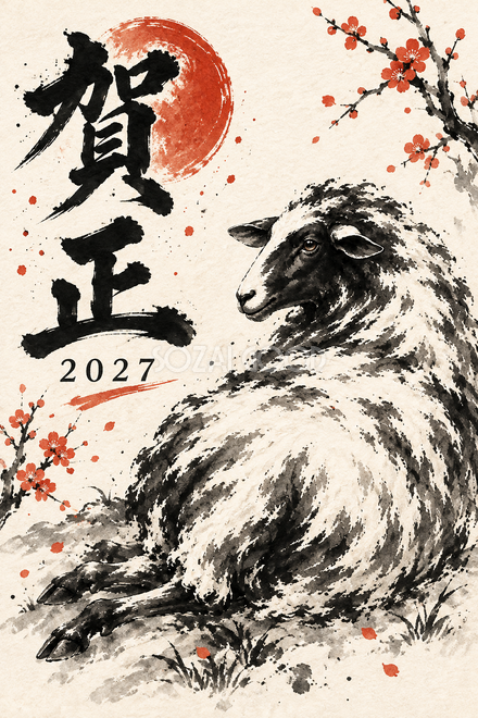 背中越しに見る羊の年賀状