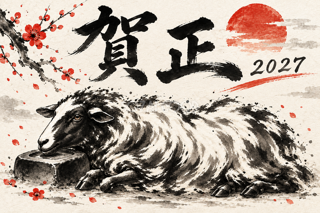 頬を寄せる羊の年賀状