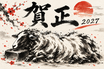頬を寄せる羊の墨絵年賀状｜2027未年のかっこいい無料イラスト素材 115166