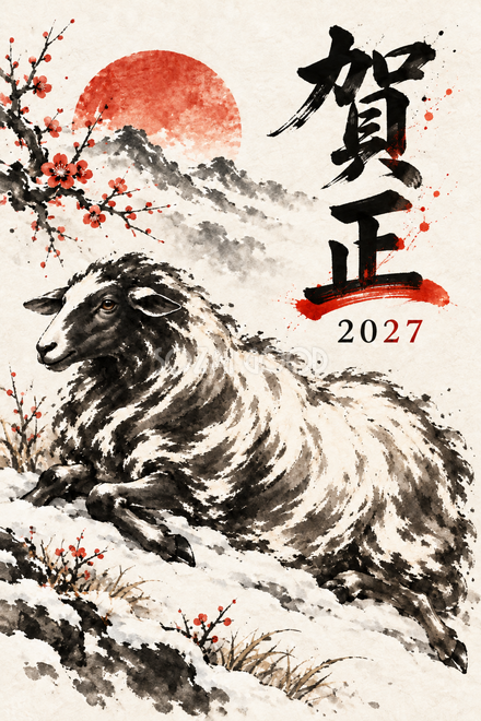 雪の上に伏せる羊の年賀状