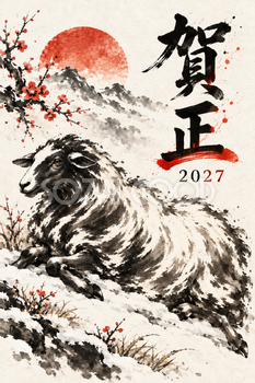雪の上に伏せる羊の墨絵年賀状｜2027未年のかっこいい無料イラスト素材 115168