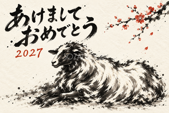 梅の下で休む羊の年賀状