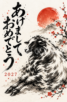 前足を伸ばす羊の墨絵年賀状｜2027未年のかっこいい無料イラスト素材 115172