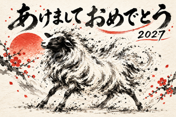 体を揺らす羊の墨絵年賀状｜2027未年のかっこいい無料イラスト素材 115174