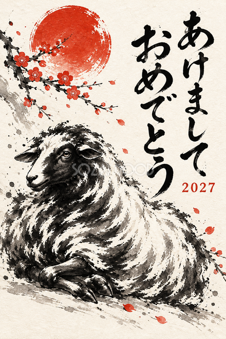 足をたたんで座る羊の年賀状
