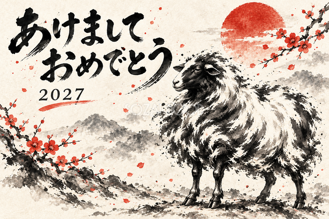 穏やかにたたずむ羊の年賀状 穏やかにたたずむ羊の年賀状