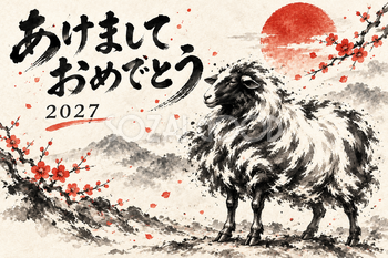 穏やかにたたずむ羊の墨絵年賀状｜2027未年のかっこいい無料イラスト素材 115178