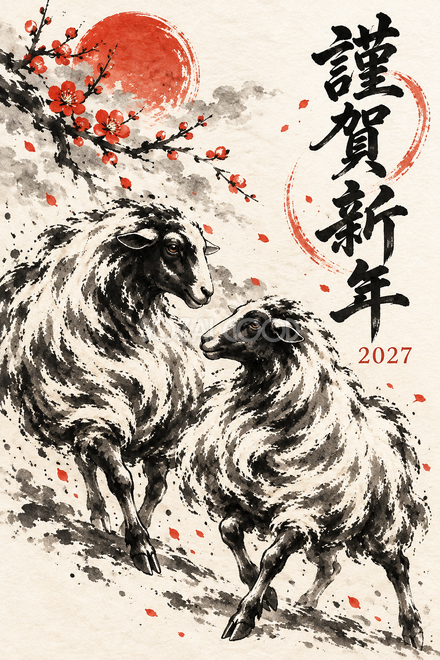 向かい合う二匹の羊の年賀状