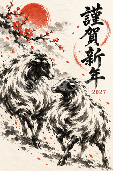 向かい合う二匹の羊の墨絵年賀状｜2027未年のかっこいい無料イラスト素材 115190