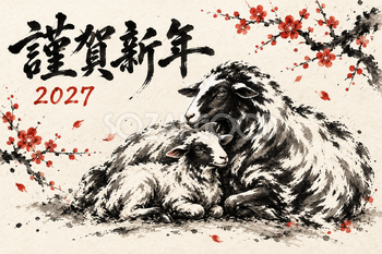 並んで座る羊の親子の墨絵年賀状｜2027未年のかっこいい無料イラスト素材 115191