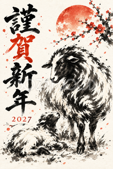 見守る母羊と子羊の墨絵年賀状｜2027未年のかっこいい無料イラスト素材 115192