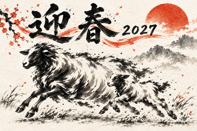 駆ける羊の親子の年賀状
