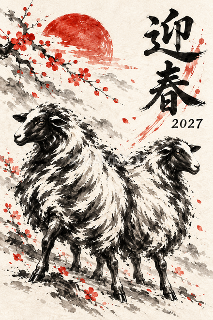 背を寄せる二匹の羊の年賀状 背を寄せる二匹の羊の年賀状