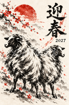 背を寄せる二匹の羊の墨絵年賀状｜2027未年のかっこいい無料イラスト素材 115194