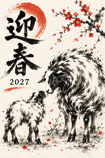 鼻を寄せる羊の親子の年賀状 鼻を寄せる羊の親子の年賀状
