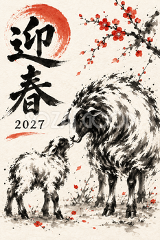 鼻を寄せる羊の親子の墨絵年賀状｜2027未年のかっこいい無料イラスト素材 115196