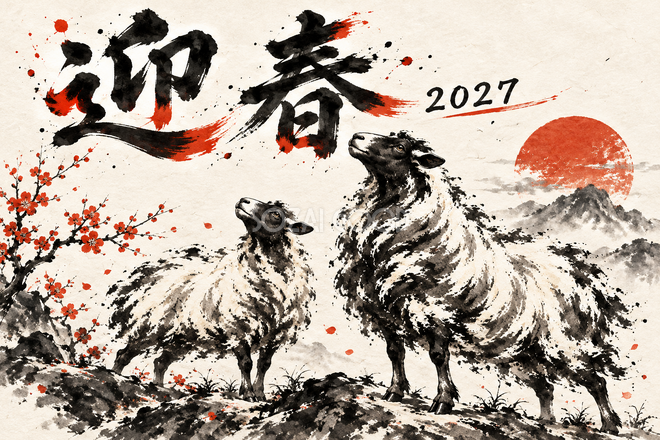 並んで見上げる羊の年賀状