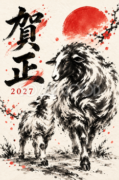子羊を導く母羊の墨絵年賀状｜2027未年のかっこいい無料イラスト素材 115200