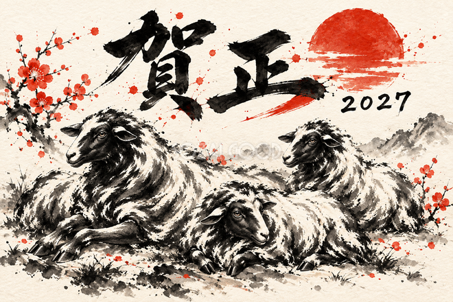 輪になって休む羊の年賀状
