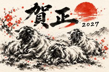 輪になって休む羊の墨絵年賀状｜2027未年のかっこいい無料イラスト素材 115201
