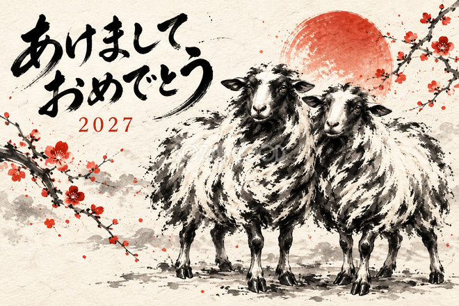 肩を並べる二匹の羊の年賀状