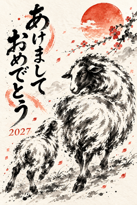 振り返る親子の羊の年賀状