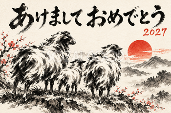 朝日を眺める羊の家族の墨絵年賀状｜2027未年のかっこいい無料イラスト素材 115205