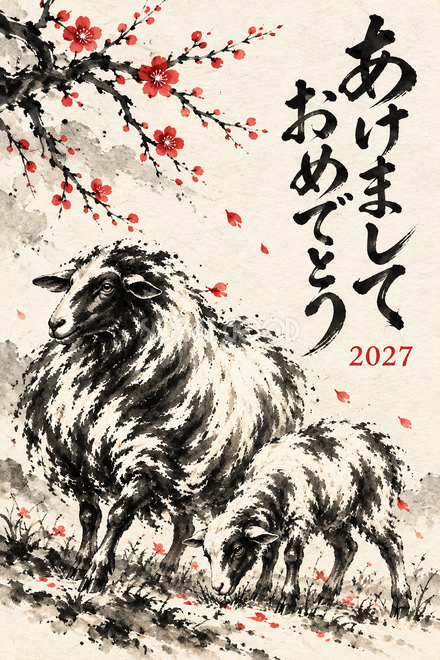 梅の下の羊の親子の年賀状